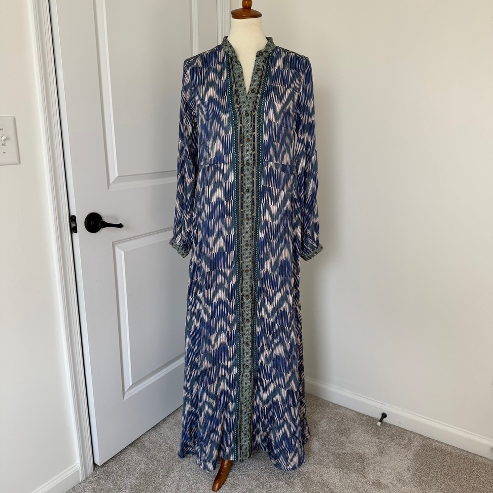 Anthropologie Blue Vale Maxi Shirtdress‎ Button V-Neck Sz Small Boho Festival